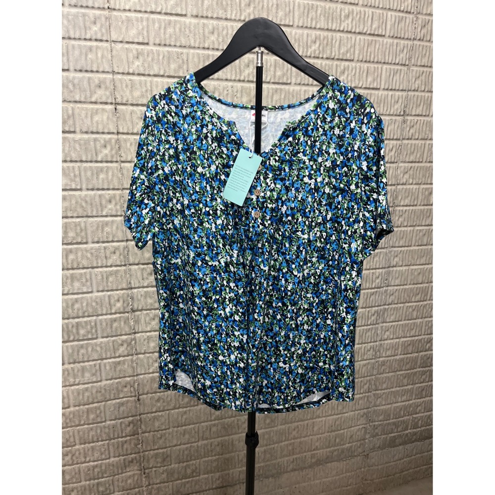 WIHOLL Women's Blue Floral V-Neck Short Sleeve‎ Top XL